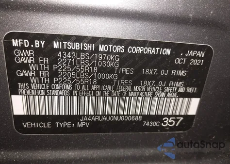 2022 Mitsubishi Outlander Sport 2.0 Be Awc/2.0 Es Awc/2.0 Le Awc/2.0 Se Awc/2.0 Se Special Edition Awc z USA, uszkodzony, nr VIN JA4ARUAU0NU000688